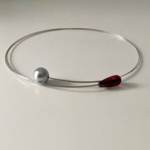 Minimalist Silver Wire Necklace with Gray Pearl and Red Glass Accent
